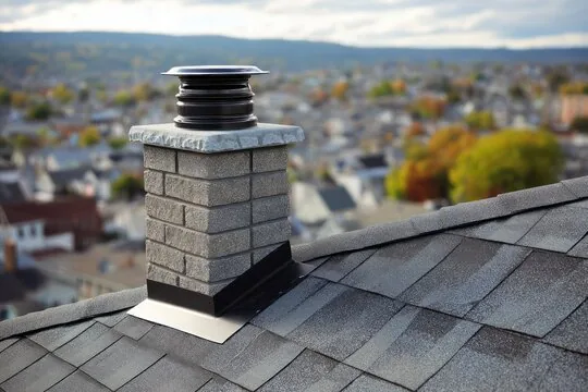 Gray block chimney with a stone crown and black cap