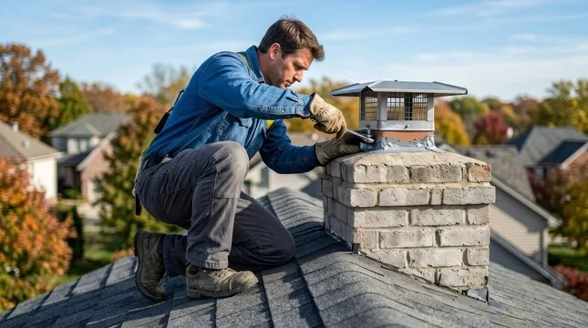Technician fastening a stainless cap onto a painted brick chimney in autumn
