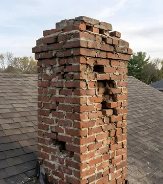 Before: brick chimney with missing bricks, open joints and a broken top