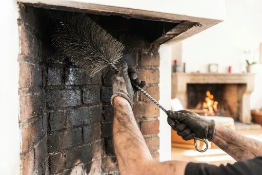 Wire chimney brush scrubbing a sooty brick firebox