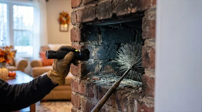 Flashlight inspection of a brick fireplace in a living room