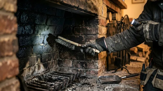 Hand brush and flashlight cleaning a sooty firebox