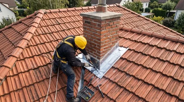 Roofer in a harness installing metal flashing around a chimney