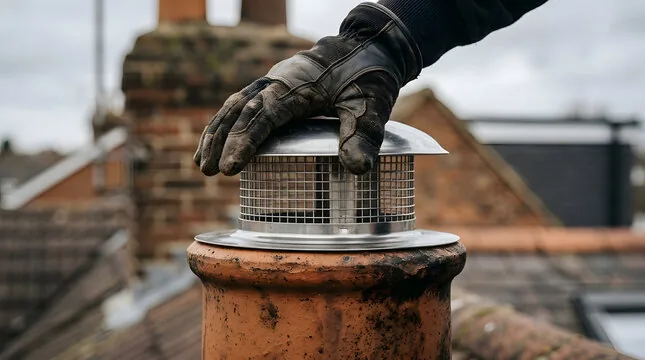 Gloved hand placing a stainless mesh cap over a clay chimney pot