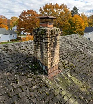 Before: weathered pale brick chimney covered in moss on a mossy shingle roof