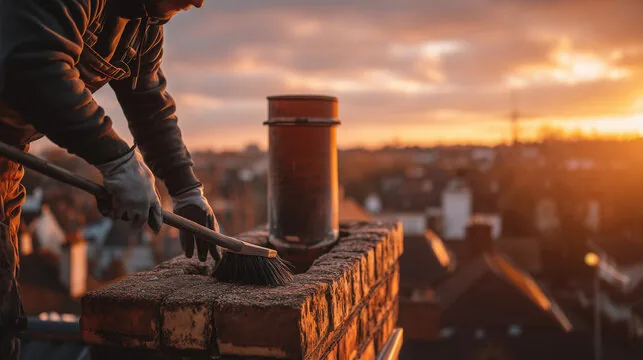 Sweep brushing the top of a brick chimney with a clay pot at sunset