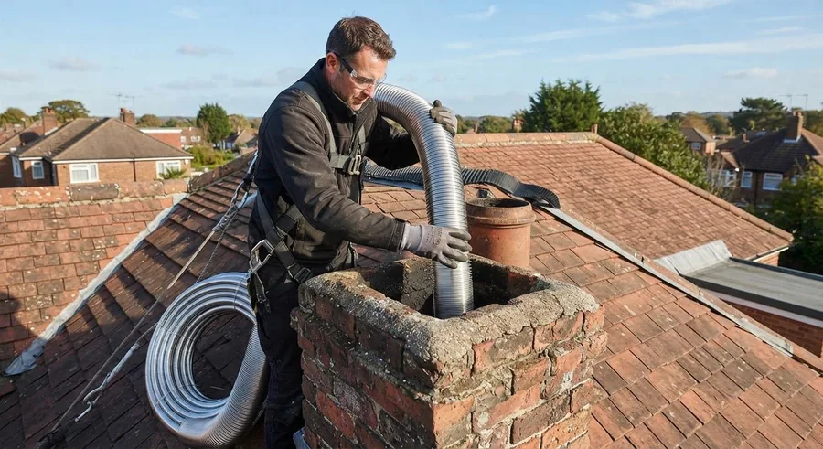 Technician in a safety harness feeding a stainless flexible liner into a brick chimney